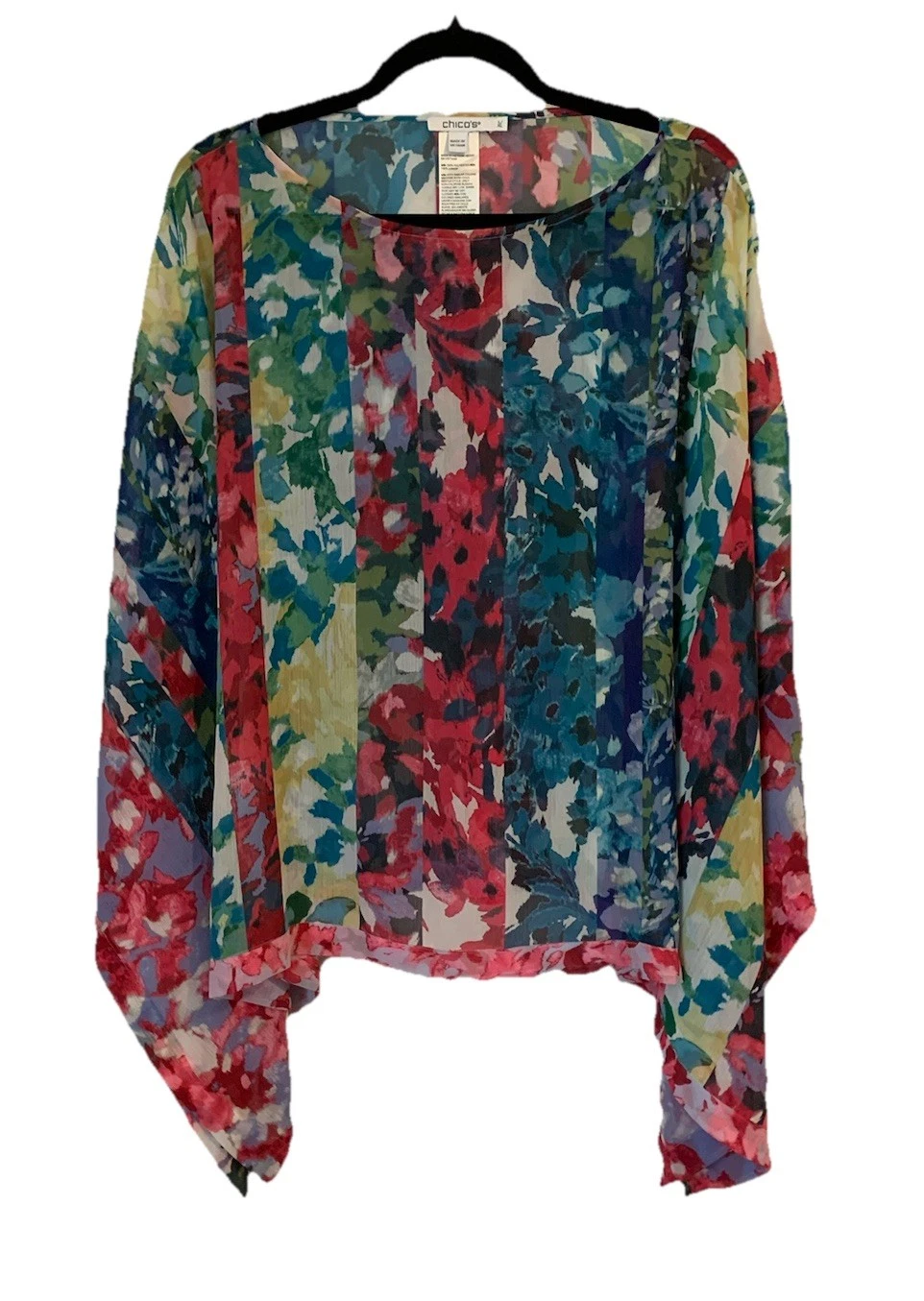 Chicos Top Womens L XL Top Poncho Semi Sheer Kimono Sleeve Boho Resort Flowy