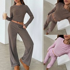 Women's Tracksuit Shirts Top+Wide Leg Pants Lounge Wear Co Ords 2PCS Striped SET