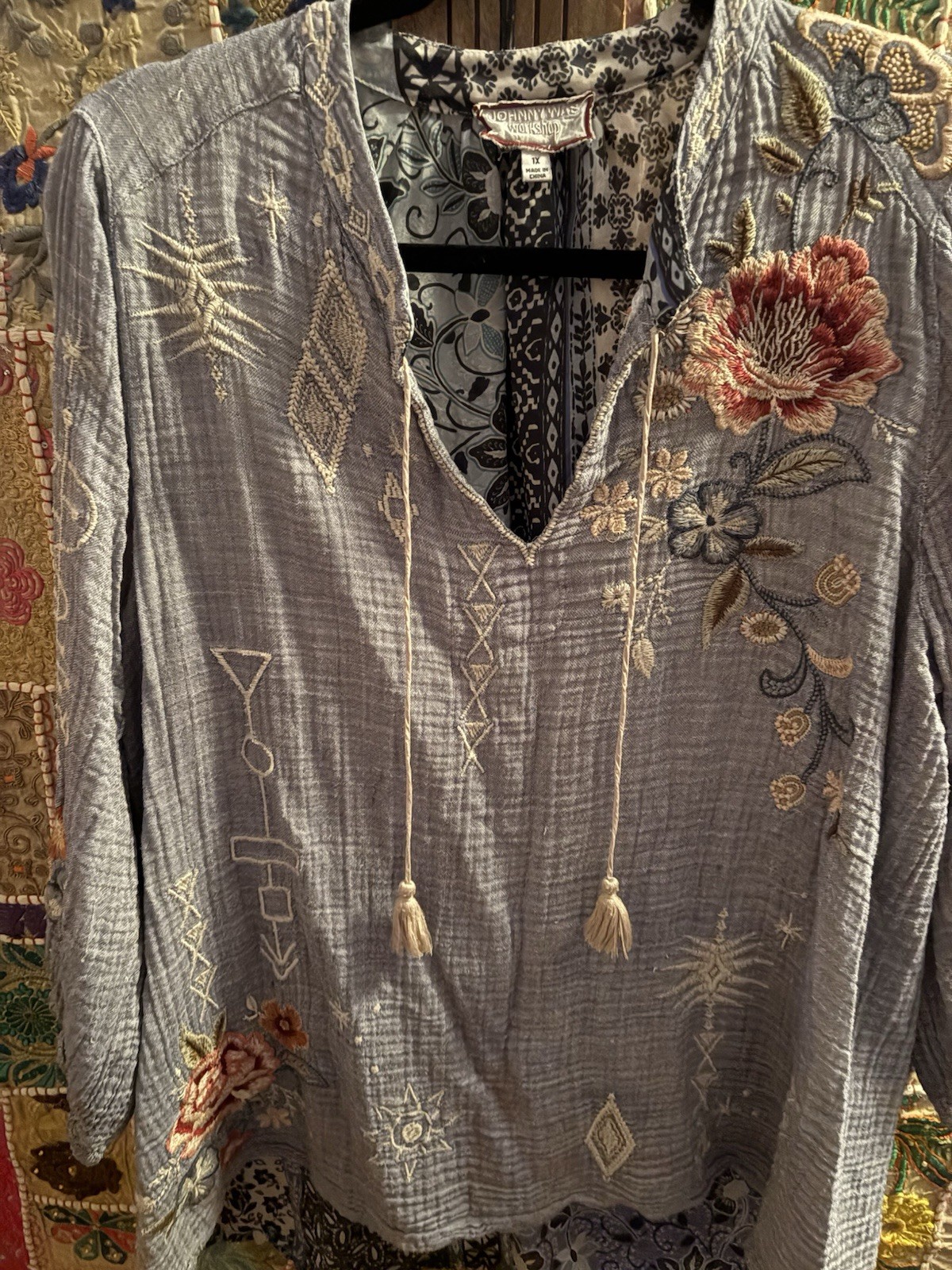 Johnny Was Workshop Embroidered Blouse Blue With Tassels