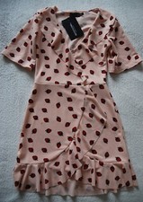 Pretty Little Thing Peach Red Strawberry Print Frill Wrap Tea Dress size UK4 