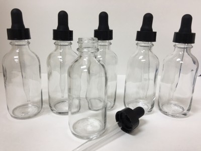 6 Pack - 2oz CLEAR Boston Glass Bottles with Glass Eye Dropper- New ! 60 ML 