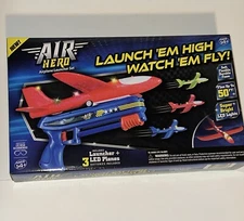 Air Hero Airplane Launcher Set With Launcher & 3 LED Planes- New Green Red Blue