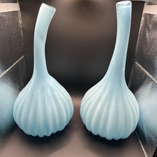 Pair Of 15  Tall Cased Glass Hand Blown Stretched Neck Vases Blue Murano Style