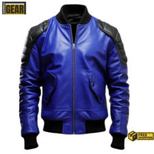 Men's Premium Black & Blue Leather Flight Bomber Jacket Soft Leather Jacket