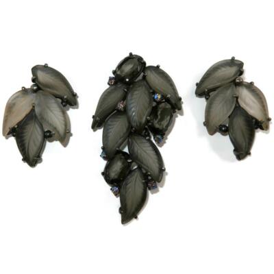 Vintage Elsa Schiaparelli Smokey Gray Glass Leaves Brooch & Clip On Earrings Set