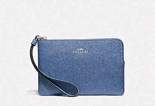 Coach Polso Angolare Zip in Pelle Crossgrain Denim Blu **Nuovo con etichette**