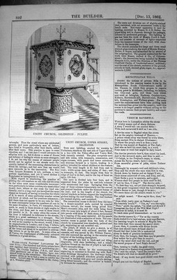 Alter antiker Druck Einheitskirche Islington Kanzel Architektur 1862 Baumeister 19.