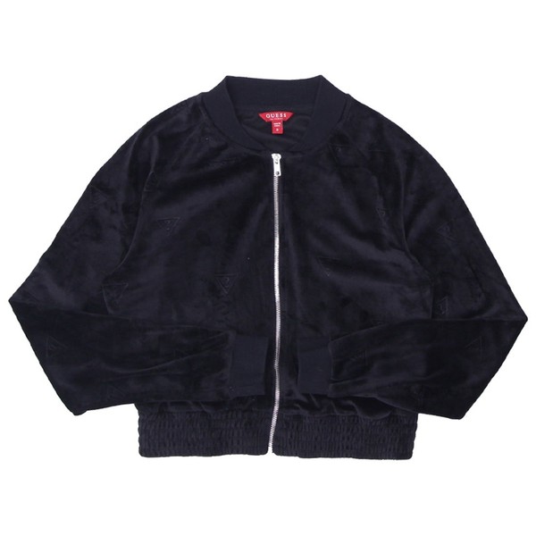 GUESS Black Velvet Velour Logo Bomber Jacket | Size S | Monogram | Cropped 