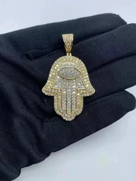 Alternate view of 2ct Real Moissanite Men's Hamsa Hand Pendant 14k Yellow Gold Plated Silver