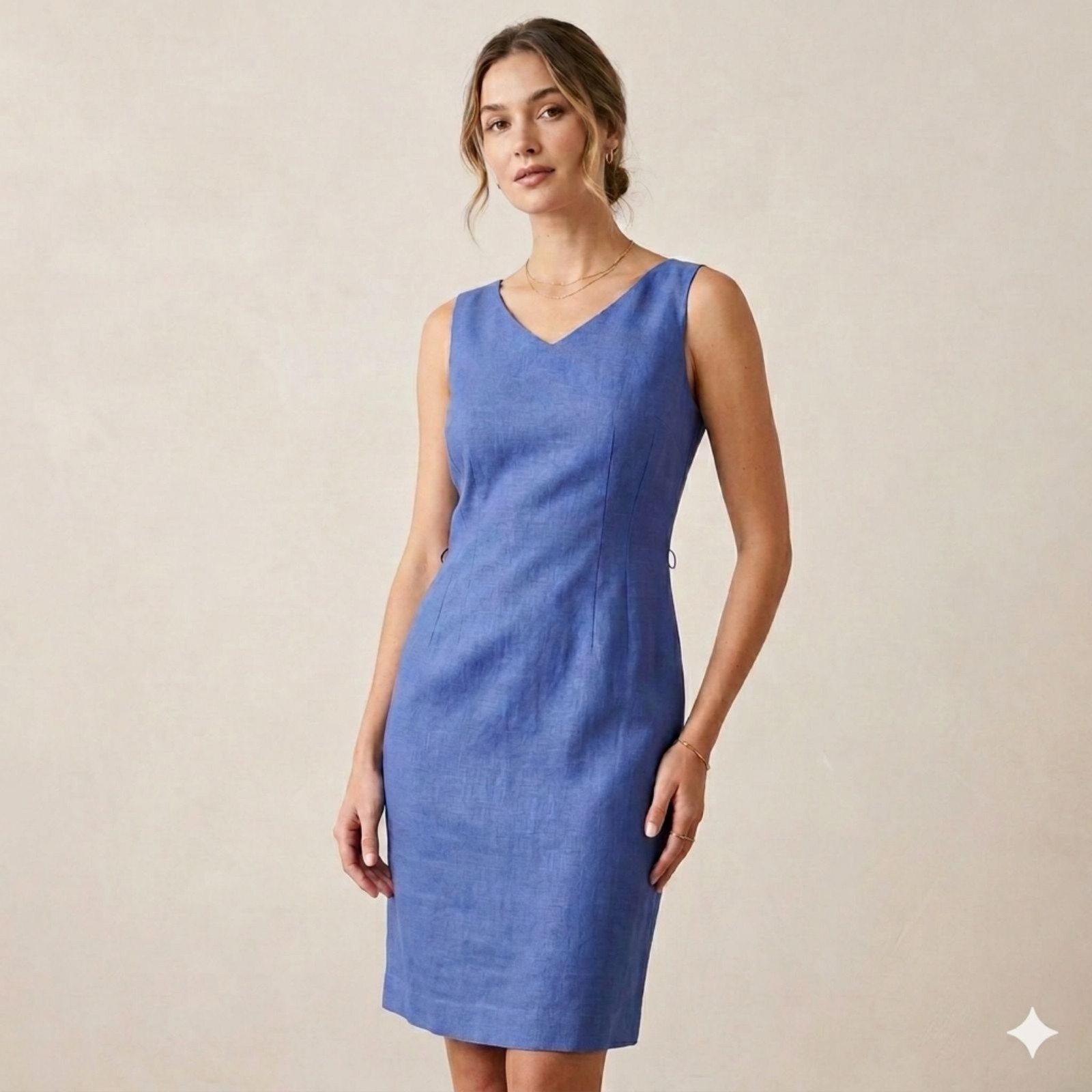 9&CO Women's Blue V-Neck Sheath Dress Size 14 Sleeveless Career Casual Lined