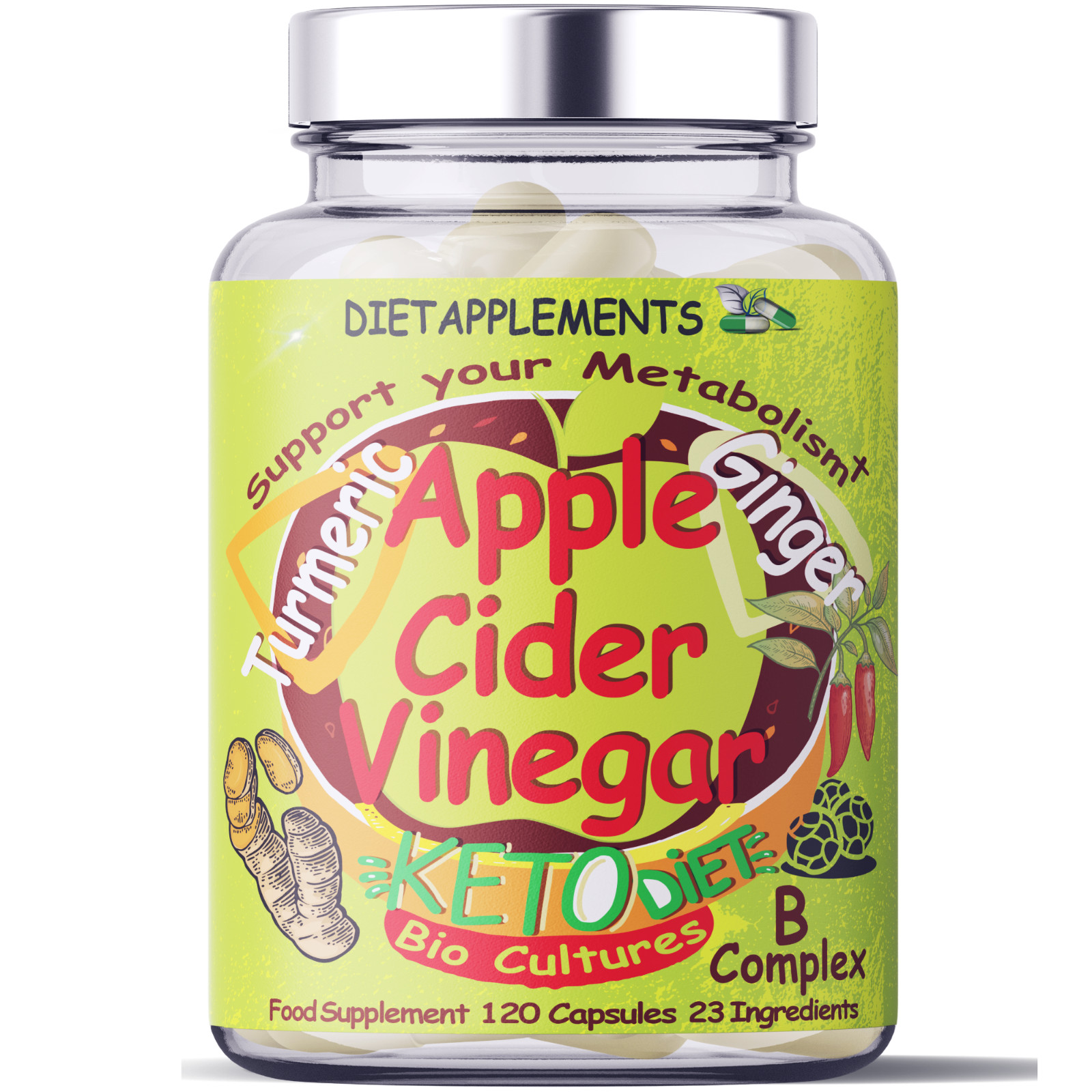 Apple Cider Vinegar, Bio-cultures, Turmeric, Ginger, Cayenne, Vitamins, Minerals