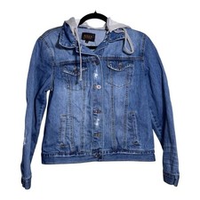 RISEN JEANS Distressed Medium Wash Detachable Hood Denim Jacket Size Small