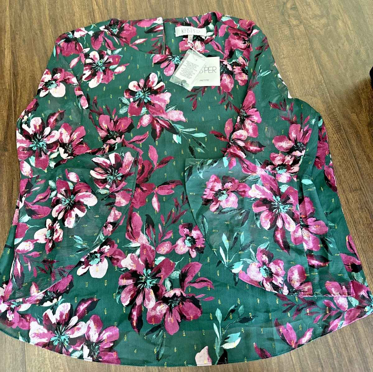 Kasper Women's Petite Ruffle Sleeve Floral Printed Blouse Top Green Plum  PL