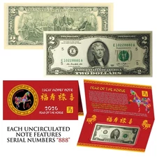 2026 Lunar Chinese New YEAR of the HORSE Lucky $2 Bill w/ Red Folder - S/N 888