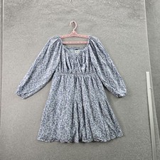 Old Navy Women Dress M Blue Floral Fit & Flare Ditsy LS Tie Neck Balloon Sleeve