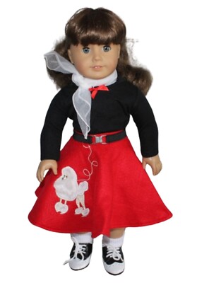 Red or Black Poodle Skirt w/ Tee & Scarf Set fits 18'' Popular Girl Size Doll