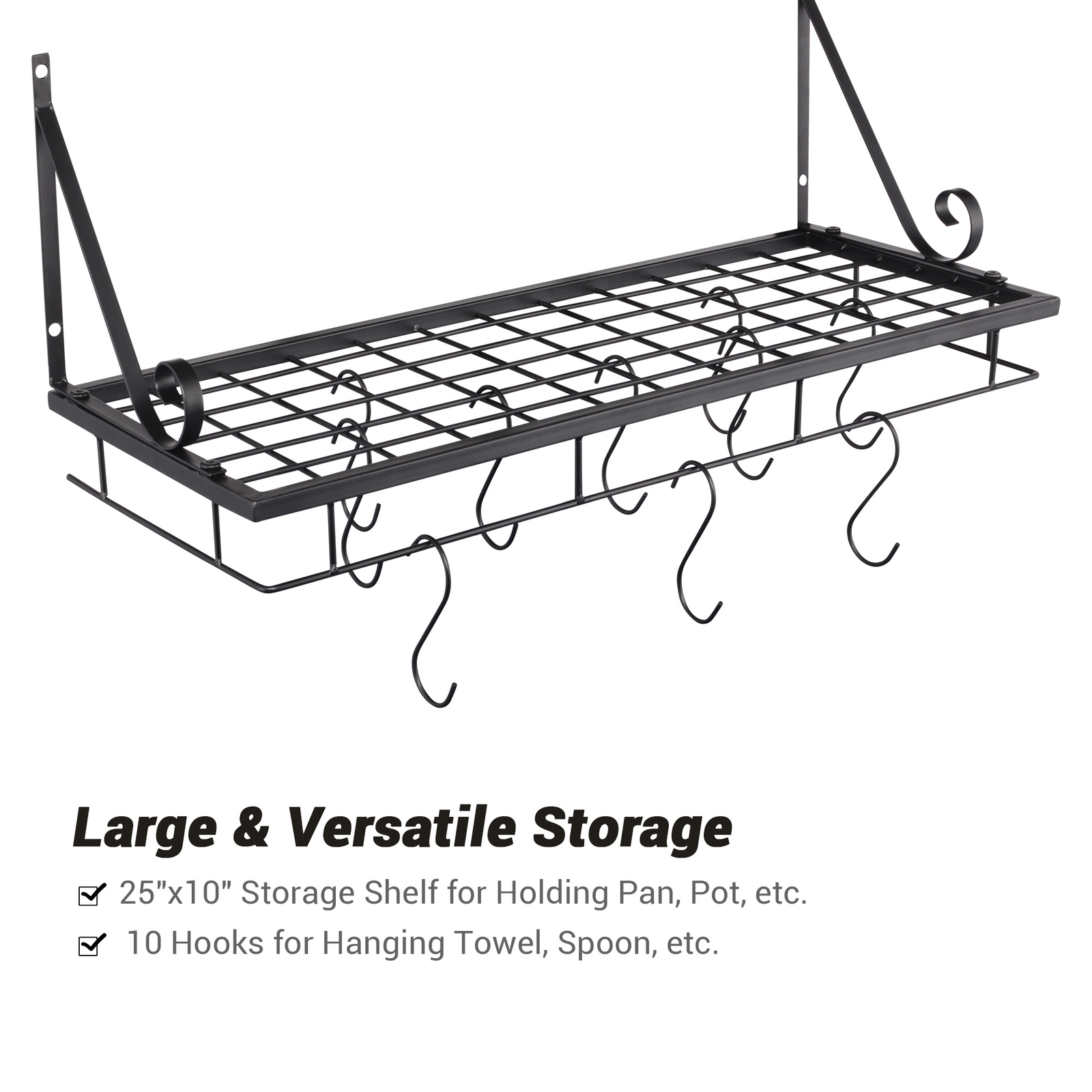 Wall Mount Pot Pan Hanging Rack Kitchen Cookware Storage Organizer Holder Black