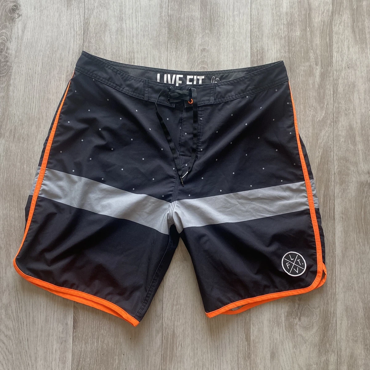LVFT Live Fit Board Shorts Black Swim Trunks Orange Trim Mens
