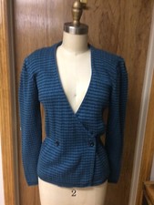 80sVintage Cross Over Front Teal Black Stripes Sweater -Nipped in Waist,Buttons