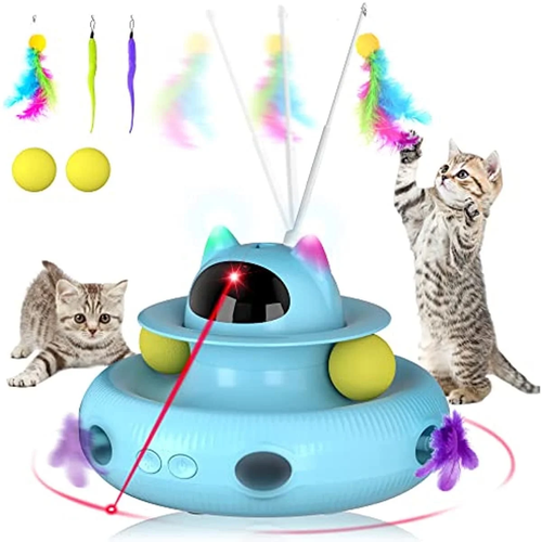 4 in 1 Indoor Interactive Cat Toy Smart Feather Wand USB Rechargeable Teaser Blu