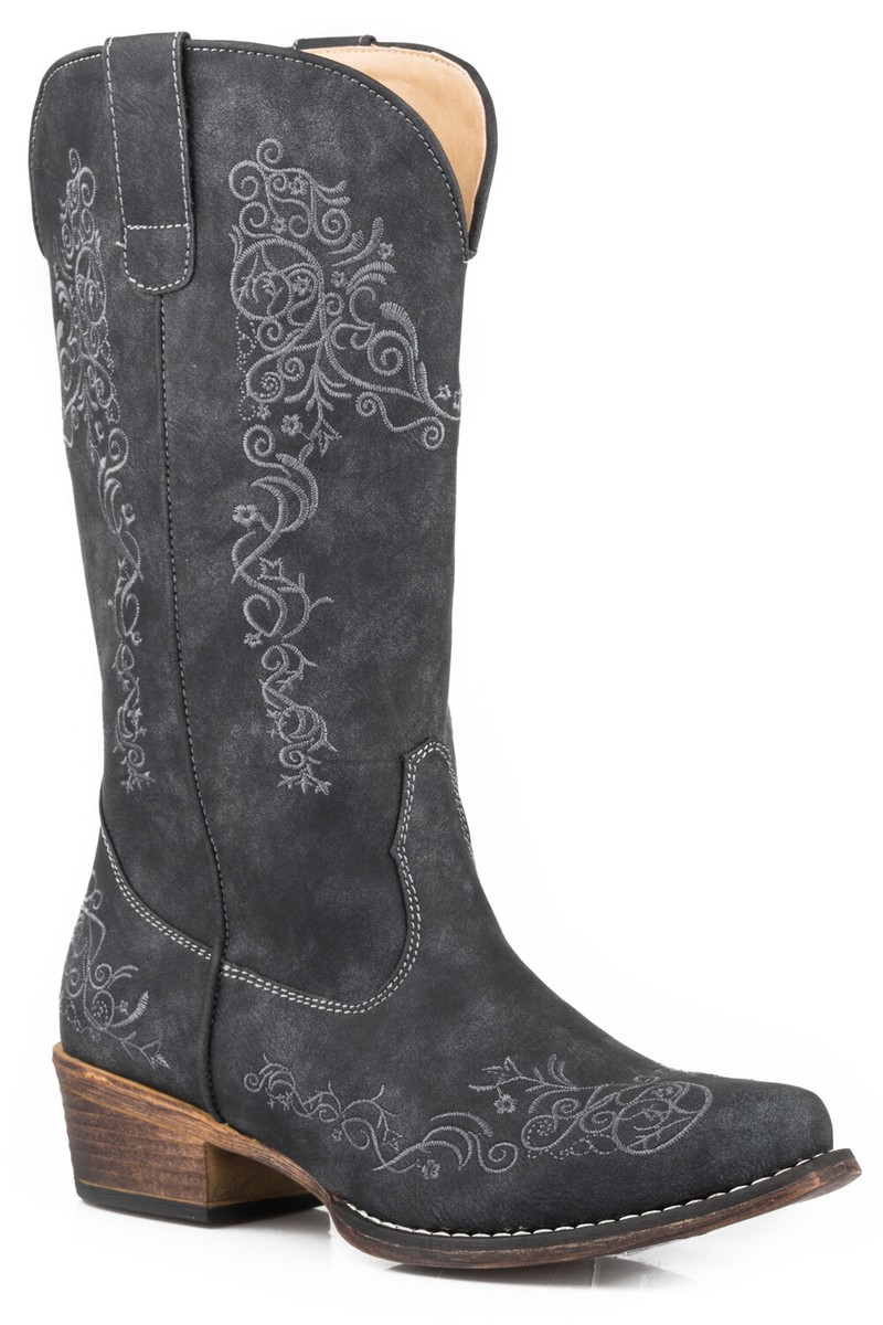Roper Womens Black Faux Leather Riley Scroll 12In Cowboy Boots | eBay