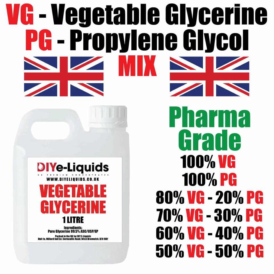 DIY E LIQUIDS Vegetable Glycerine Propylene Glycol Mix EP/USP FOOD COSMETIC GRADE KOSHER VG PG