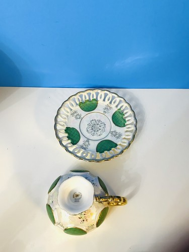 Lusterware Iridescent Matching Tea Cup & Saucer Japan Green Gold - Picture 3 of 6