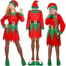 Christmas Elf Costume Set Kids Adult Elf Costume Suit Elf Hat Santa Dress Sto...