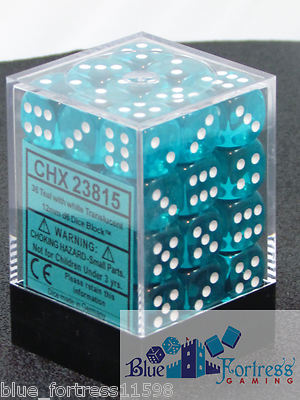 CHESSEX TRANSLUCENT 12mm 36 D6 TEAL WITH WHITE DICE D6 DICE BLOCK MTG RPG