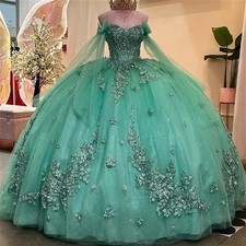 Shiny Green Quinceanera Dresses Flower Lace Beading Party Ball Gown Sweet 15 16