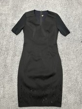 ELIE TAHARI Dress W Medium Black Sheath Embroidered Eyelet Midi Stretch Pencil V