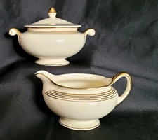 Creamer & Sugar Bowl 3pc Homer Laughlin Eggshell Nautilus White Gold Trim 1944