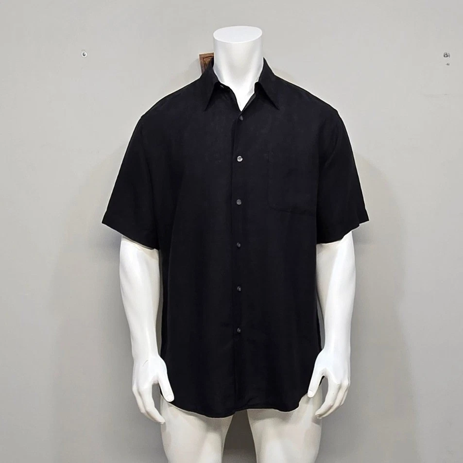 Tasso Elba Shirt Large Black 100% Luxury Linen Short Sleeve Quiet Luxury Coastal