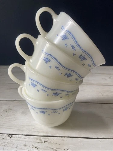 Set Of 4 Vintage Pyrex Coffee Cups, Morning Blue Pattern By Corning