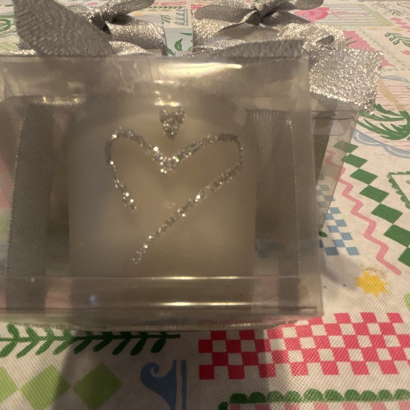 White Wax Votive Candles, Unscented, Silver Heart Design, Small Round, 5pk