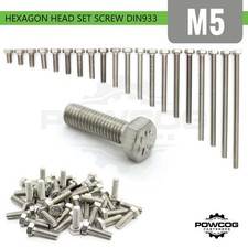 Image of M5 Hex Head Screw A2 Stainless Steel Full Thread Bolt DIN 933 8–100mm