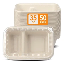 50 Pack 2 Compartment Paper Bowls with Lids Two Compartment Paper Meal Prep a...