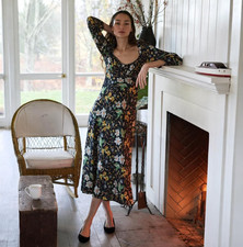 NEW DÔEN Doen Guinevere Silk Ruched V Neck Long Sleeve Bias Midi Dress XL