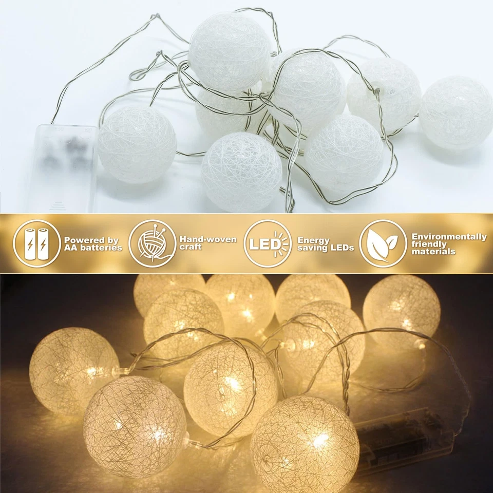Paquete de 2 linternas LED de bola de algodón de 6,88 pies/10 luces de cadena de batería para interiores - hadas... Foto 4 de 4
