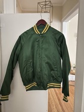 VTG Satin Button Up Varsity Bomber Jacket Green and Yellow Made In USA Size M