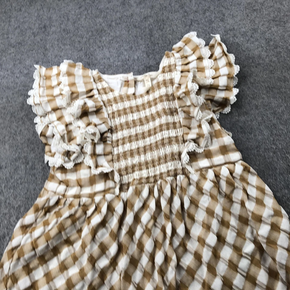 Vestido Matilda Jane Niñas 14 Marrón Blanco Guinga Volantes Encaje Manga Acampanada Foto 3 de 4