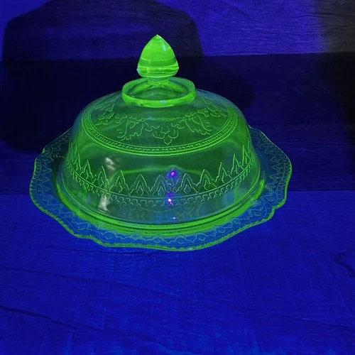 Vintage Federal Glass Patrician Spoke Green Depression Glass Covered Butter Dish