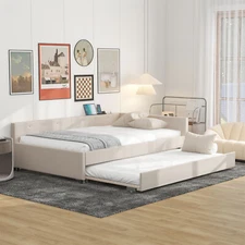 Full Size Daybed Upholstered Bed Frame Sofa Bed with Trundle Bed & USB Ports