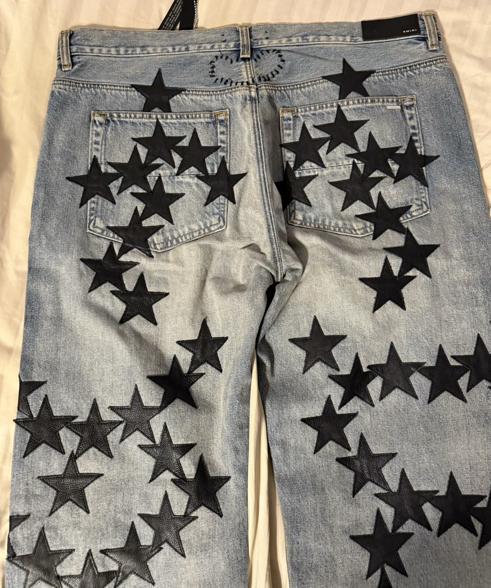 Amiri x Chemist Men's Jeans Antique Indigo Leather Stars Size 30