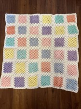 Crocheted Granny Square Pastel Baby Blanket Handmade Pink Blue Yellow 40  x40  