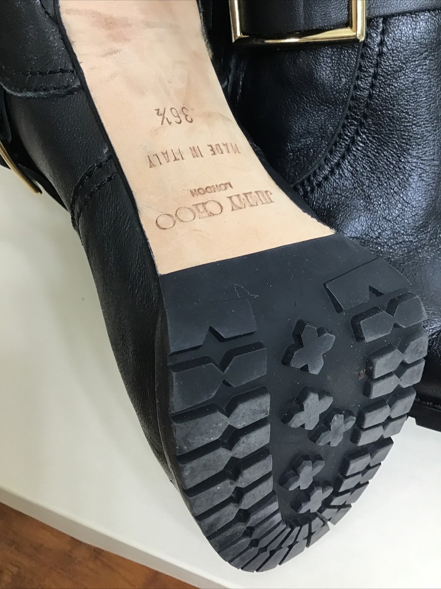 Jimmy Choo Boot Biker Leather Unlined Black Buckles Stiletto Size