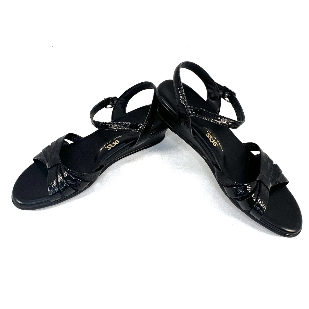 SAS Strippy Black Patent Wedge Strappy Buckle Low Heel Sandals