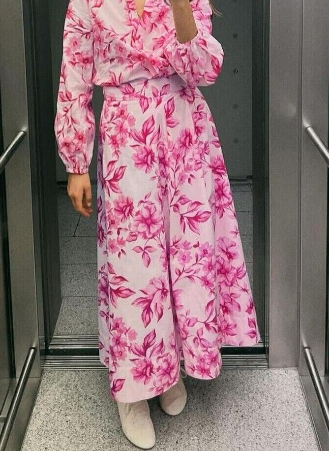 Zara Floral Print High Waist Midi Skirt Flared Hem Pink XS M XL
