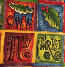 Laurel Burch Fabric Christmas Patchwork Cats Trees Gold Multicolor Half Y 8