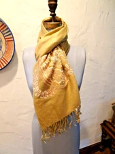 Gold & Tan PASHMINA & SILK Shawl Scarf Embroidered 28" x 66" NEW